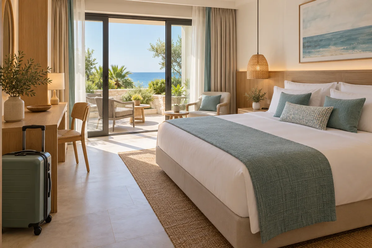 Illustrative hotel room with a balcony for accommodation options
