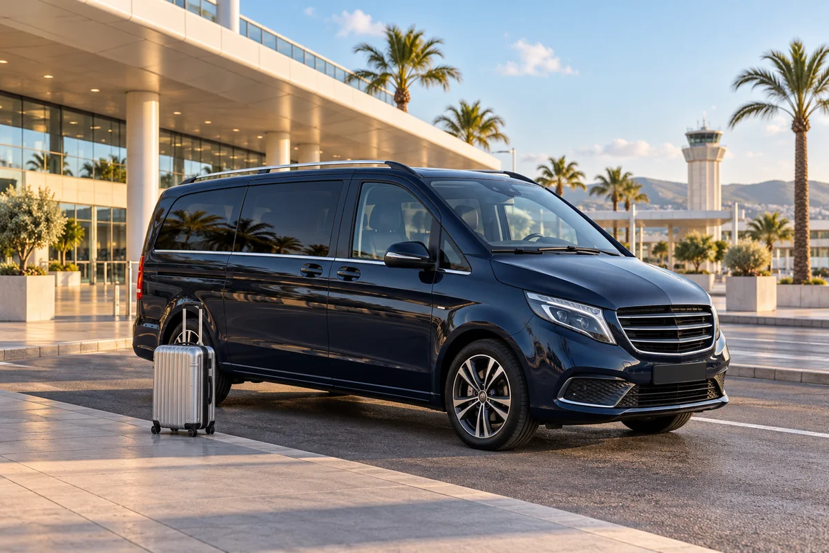 Illustrative airport pickup vehicle and suitcase for transfer options