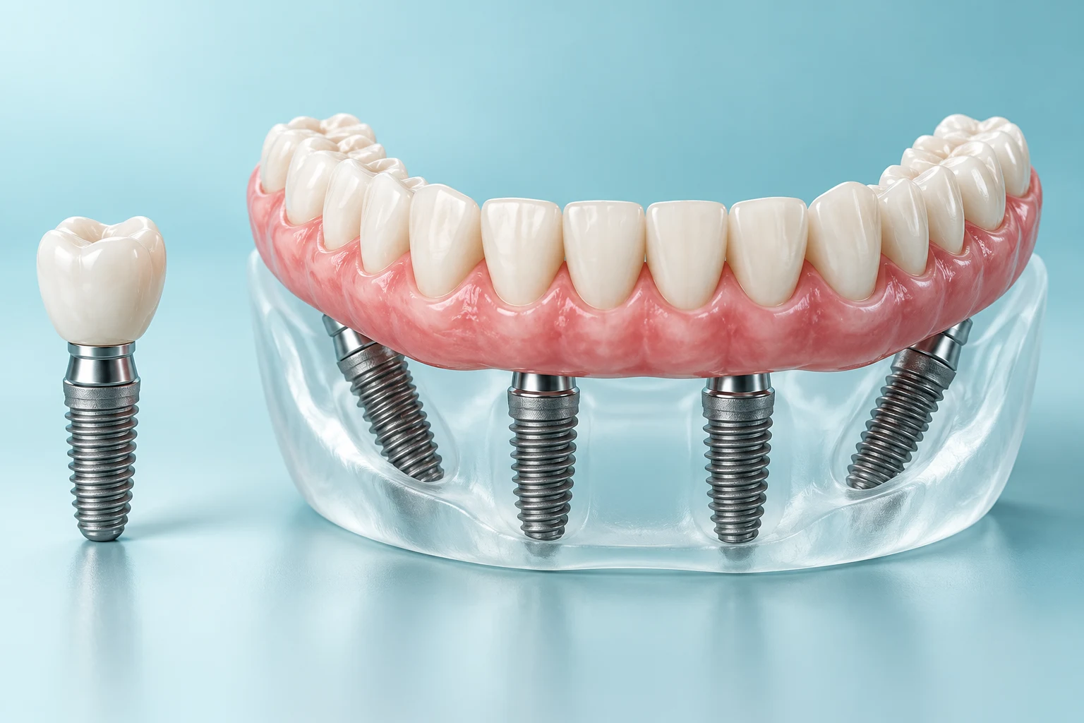 Illustration of a single dental implant and a full arch supported by four implants